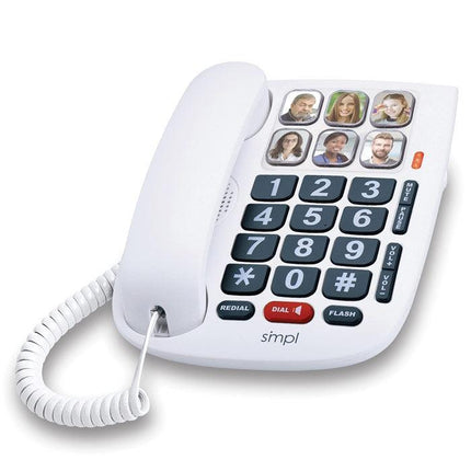 Large print photo phone with photo directory buttons for easy calling and amplification features.