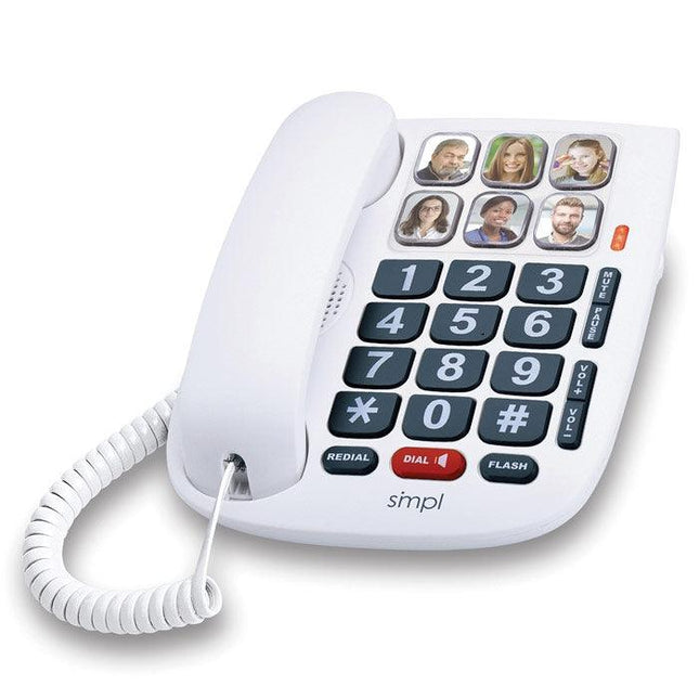Large print photo phone with photo directory buttons for easy calling and amplification features.