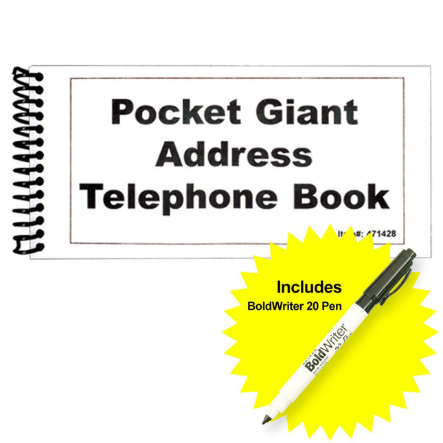 Pocket Giant address and telephone book w/pen, large print address book with pen, spiral notebook.