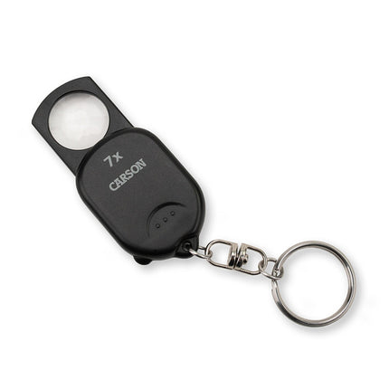 Pop-Up Retractable 7x Keychain Magnifier with crystal clear lens and keychain attachment.