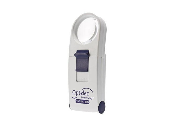 Power Mag 10.75X LED handheld magnifier with integrated lighting for clear, sharp images and high contrast.