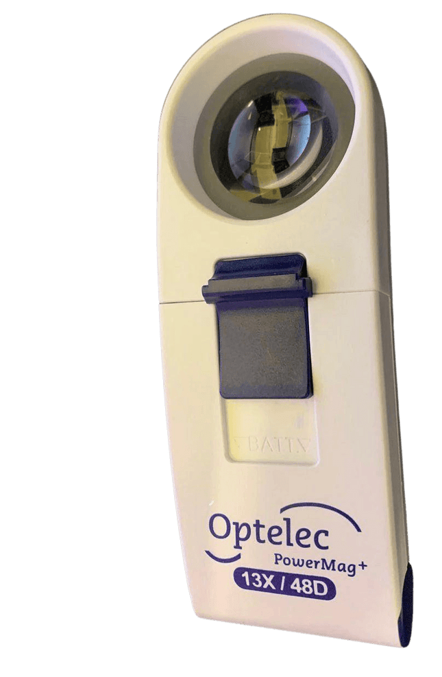 Optelec PowerMag+ 13X LED handheld magnifier with sleek design and high-quality optics