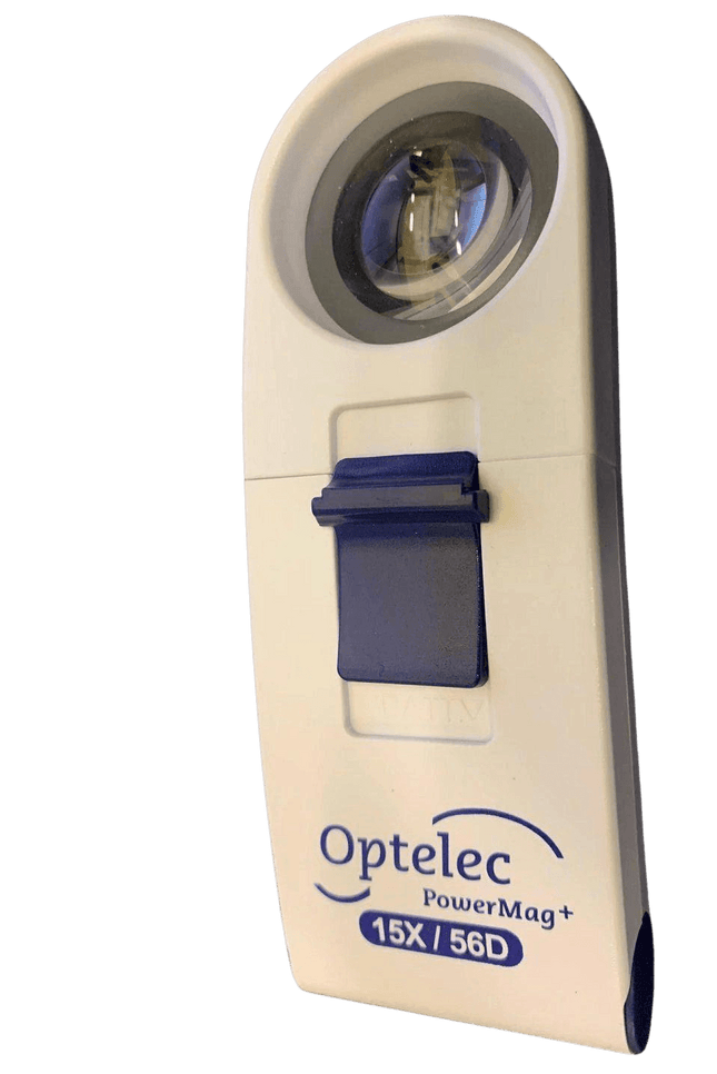 Optelec Power Mag 15X LED handheld magnifier with bright white LED and lightweight design