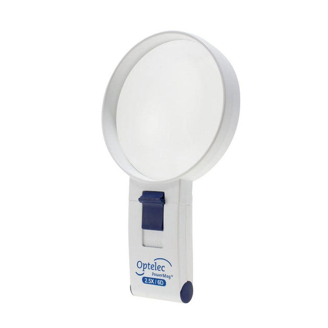 Optelec PowerMag 2.5X LED handheld magnifier with bright white LED light and ergonomic design.