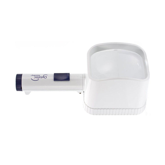 Optelec 3x lighted stand magnifier with bright LED and ergonomic design for enhanced viewing.
