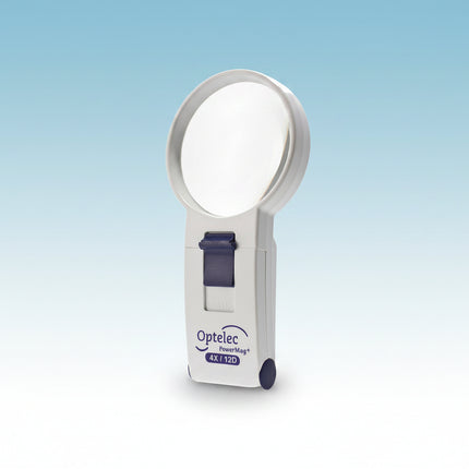 Optelec Power Mag 4X LED handheld magnifier with bright white LED for easy reading.