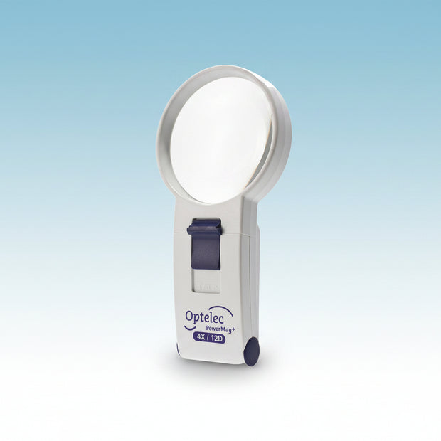 Optelec Power Mag 4X LED handheld magnifier with bright white LED for easy reading.