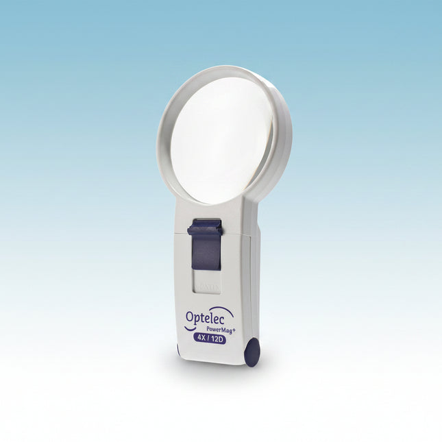 Optelec Power Mag 4X LED handheld magnifier with bright white LED for easy reading.