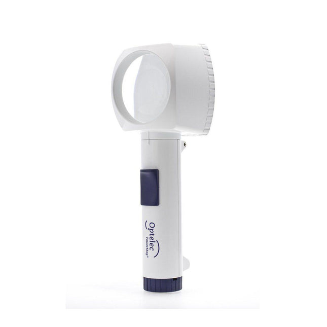 Optelec Power Mag 4X lighted stand magnifier with LED, providing clear images and high-contrast lighting.