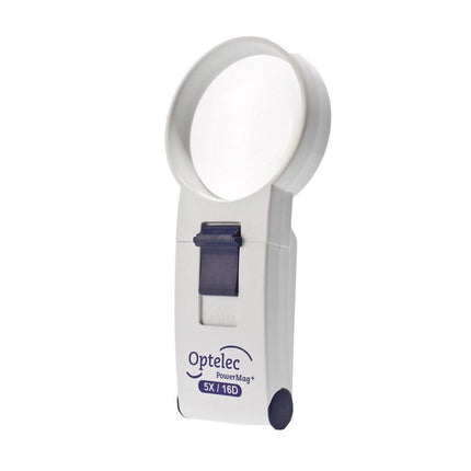 LED handheld magnifier Optelec PowerMag with 5X magnification and bright LED light for enhanced visibility.