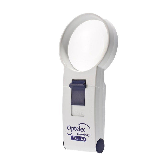 LED handheld magnifier Optelec PowerMag with 5X magnification and bright LED light for enhanced visibility.