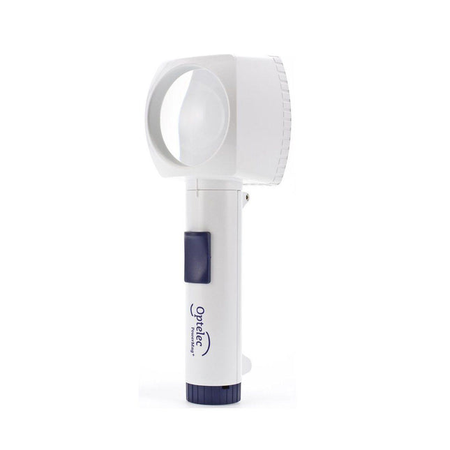 Optelec Power Mag 5X Lighted Stand Magnifier featuring bright white LED for enhanced visibility.