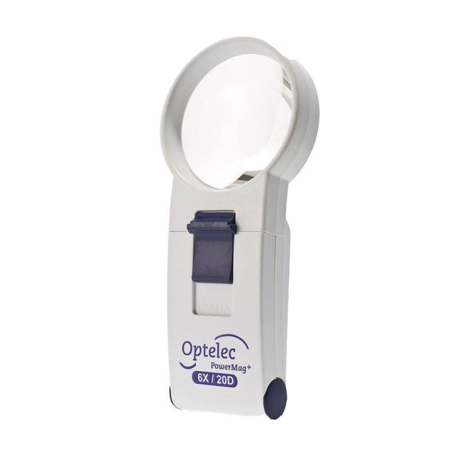Optelec PowerMag 6X LED handheld magnifier featuring bright white LED for high-contrast lighting and wide field of view.