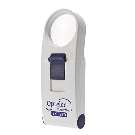 Optelec Power Mag 8X LED handheld magnifier featuring bright white LED and lightweight design.