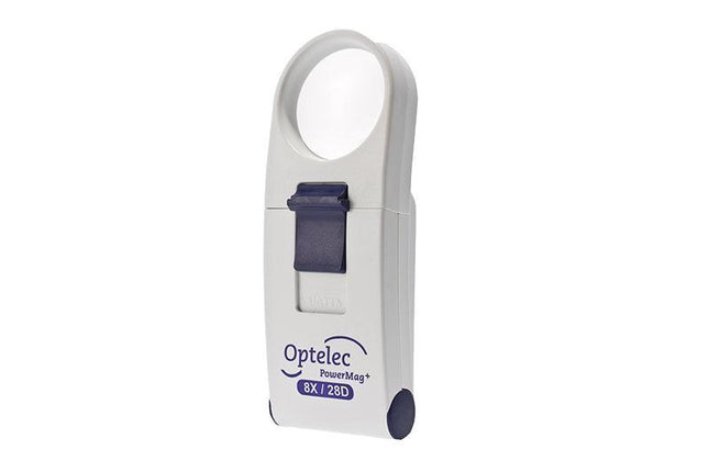 Optelec Power Mag 8X LED handheld magnifier featuring bright white LED and lightweight design.