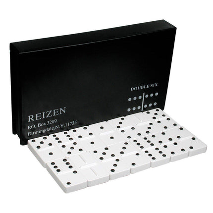 Raised Dots Double Six Raised Dots dominoes set displayed in a heavy-duty box with 28 tactile pieces.