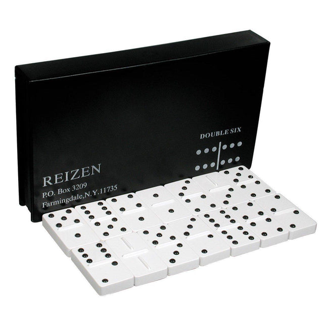 Raised Dots Double Six Raised Dots dominoes set displayed in a heavy-duty box with 28 tactile pieces.