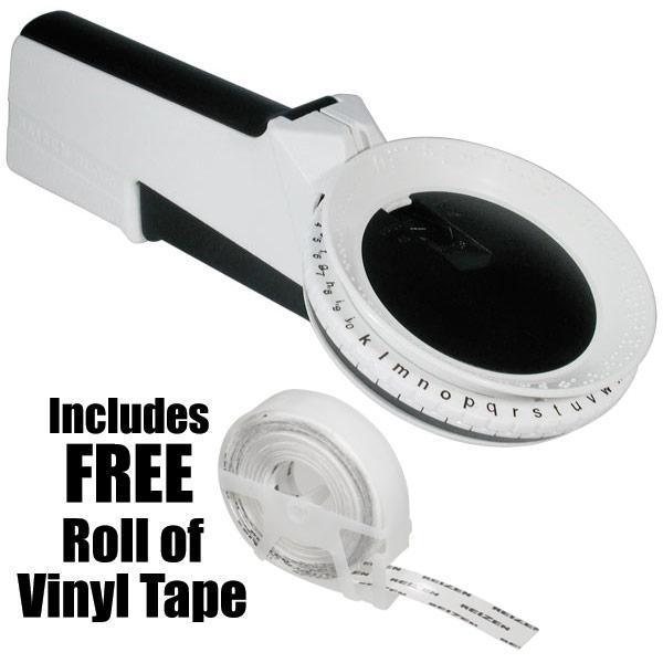 Compact RL-350 Braille Labeler with free roll of vinyl tape, ideal braille label maker for travel and easy use.