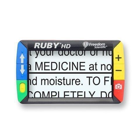 Ruby 4.3" HD portable low vision video magnifier displaying large text for easy reading.