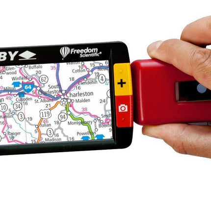 Handheld portable video magnifier RUBY displaying a map, enhancing visibility for reading and viewing details.