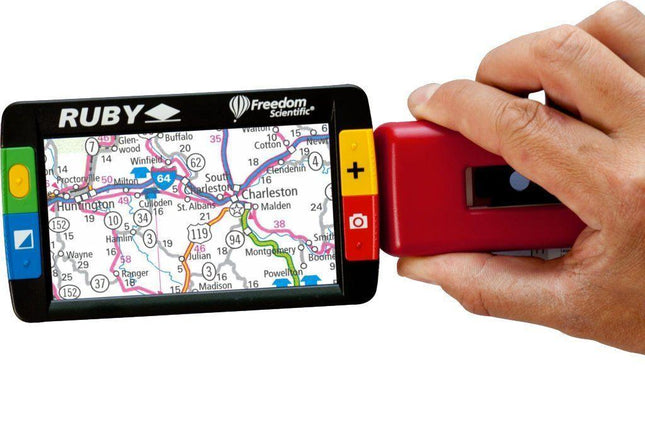 Handheld portable video magnifier RUBY displaying a map, enhancing visibility for reading and viewing details.