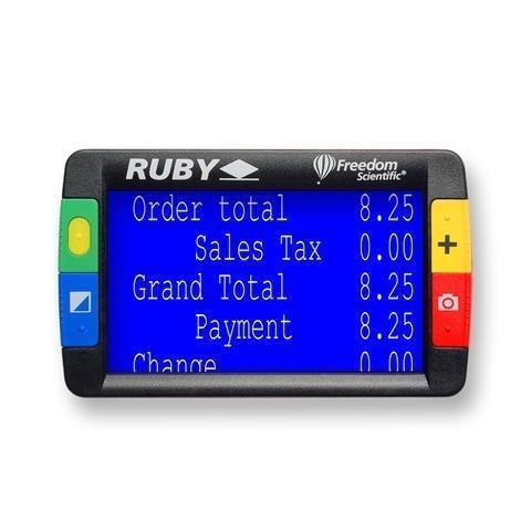 RUBY 4.3" handheld portable video magnifier displaying text and totals on a bright blue screen.