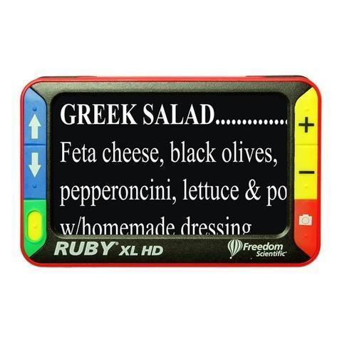 Image of portable video magnifier displaying 'Greek Salad' recipe details for better visibility.