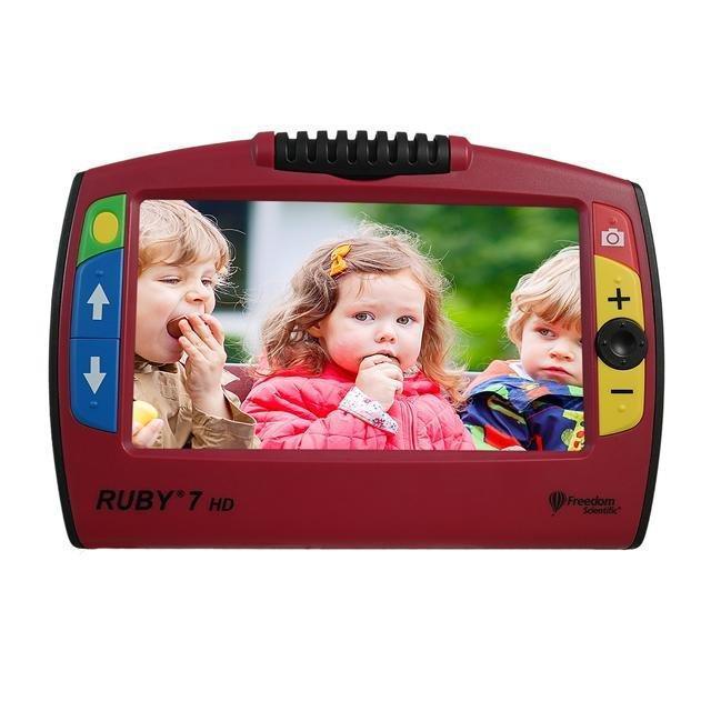 Ruby 7" HD portable video magnifier with children enjoying snacks, showcasing its bright HD display.