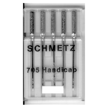 Self-threading needles for heavyweight fabric in a clear packaging, showcasing five needles for easy sewing.