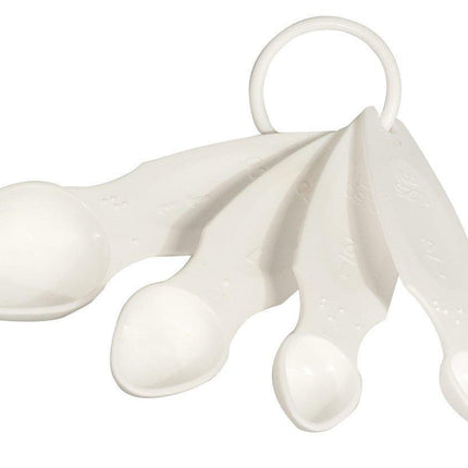 Set of 4 nested braille measuring spoons set on detachable ring for easy storage.