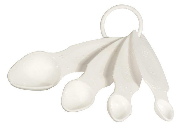 Set of 4 nested braille measuring spoons set on detachable ring for easy storage.