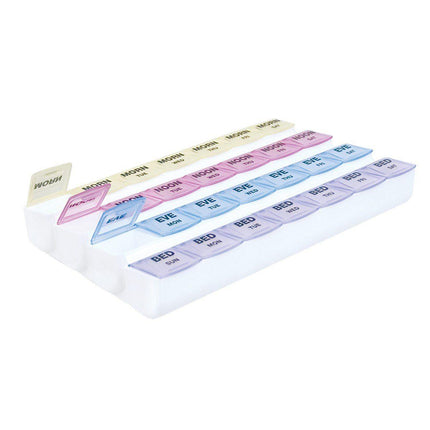 Seven Day Medi Planner with color-coded compartments for morning, noon, evening, and bedtime medication planning.