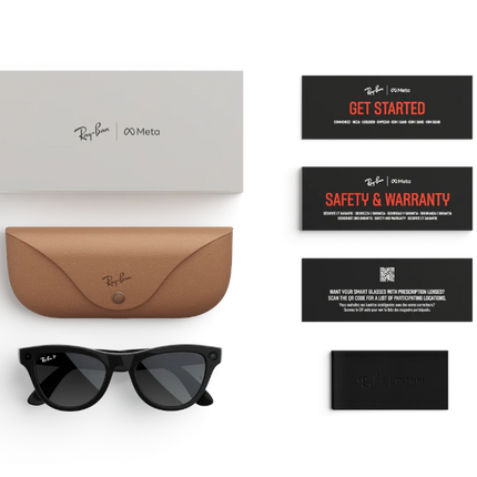 Ray-Ban Meta smart glasses package with case and information cards for users.