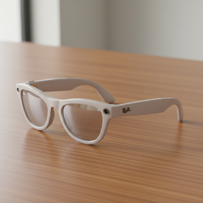 Ray-Ban Meta AI glasses in shiny chalk grey frame with transition lenses.