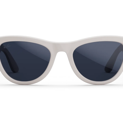 Ray-Ban Meta AI glasses in shiny chalk grey frame with dark lenses, stylish and tech-enabled.