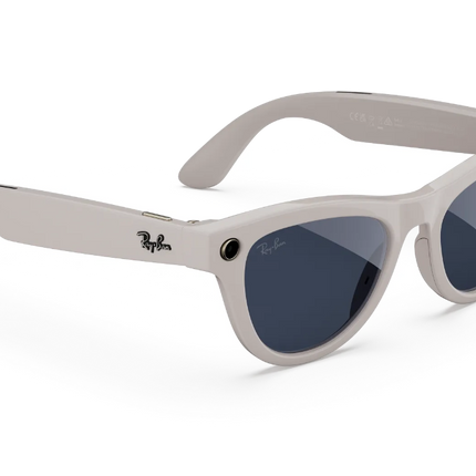 Ray-Ban Meta AI glasses in shiny chalk grey frame with transition lenses, stylish and functional.
