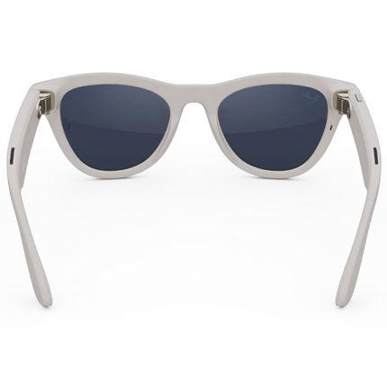 Ray-Ban Meta AI glasses in shiny chalk grey frame showcasing stylish design and lenses.