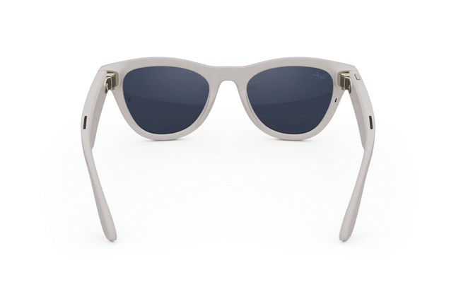 Ray-Ban Meta AI glasses in shiny chalk grey frame showcasing stylish design and lenses.