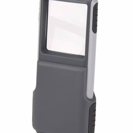 5x LED pocket magnifier in a protective sleeve, featuring a clear lens and compact design for easy portability.