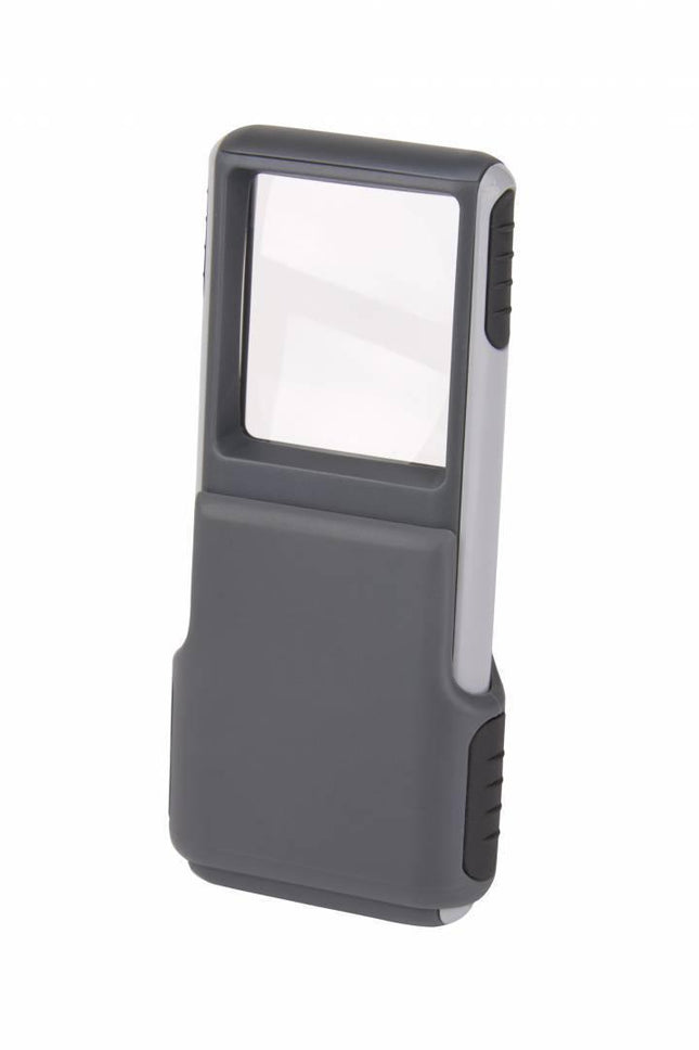 5x LED pocket magnifier in a protective sleeve, featuring a clear lens and compact design for easy portability.