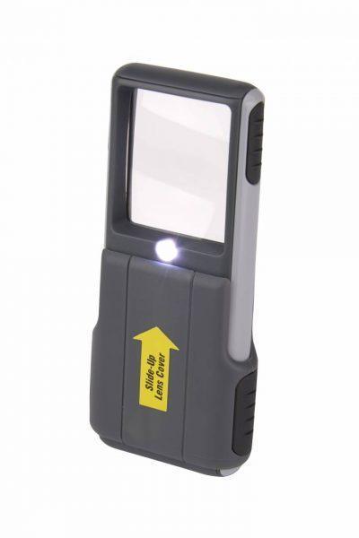 Carson 5x LED pocket magnifier with built-in light and compact design for easy portability.