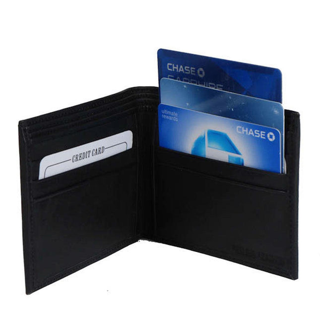 Soft leather wallet with card slots displaying six credit card slots and compartments for bills.