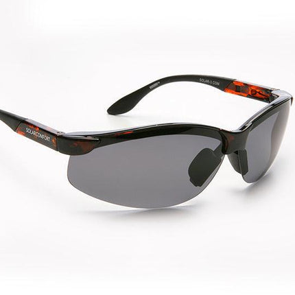 Polarized gray sunglasses with wrap-around design for comfort and glare reduction.