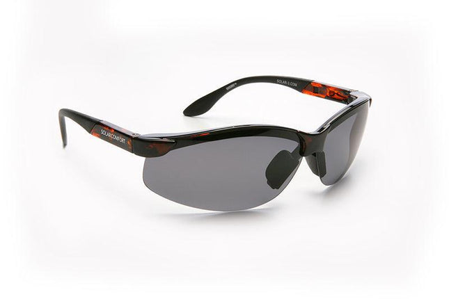 Polarized gray sunglasses with wrap-around design for comfort and glare reduction.