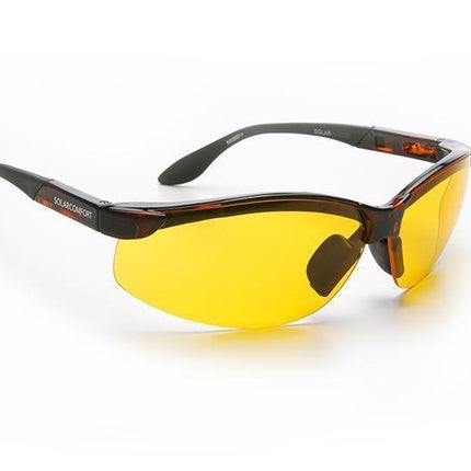 Yellow wrap-around sunglasses with polarized yellow lenses, suitable for various users and needs.