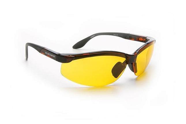 Yellow wrap-around sunglasses with polarized yellow lenses, suitable for various users and needs.