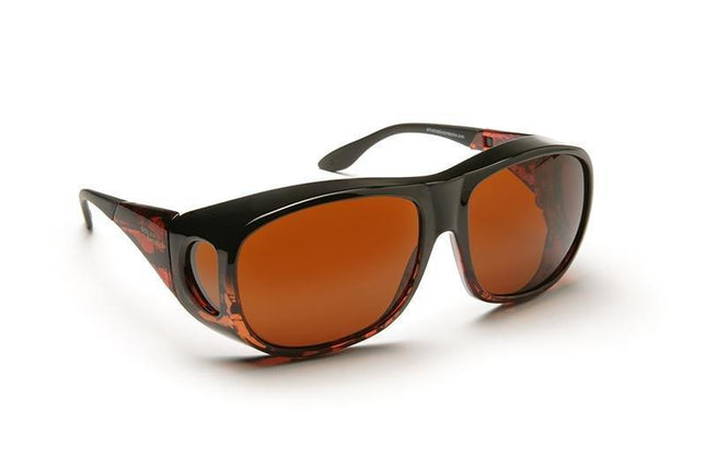 Amber Solar Shield glasses for low vision patients, featuring stylish tortoiseshell design and contrast-enhancing filters.
