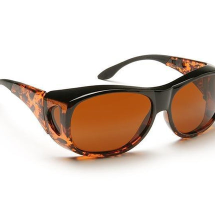 Amber solar shield glasses with tortoiseshell frames for low vision patients, providing contrast-enhancing protection.