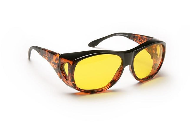 Solar Shield - Yellow filters in stylish tortoise shell sunglasses for low vision protection.
