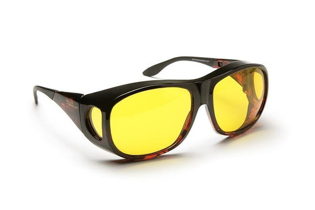 Solar Shield yellow filters in stylish black frame, designed for low vision patients to enhance contrast.